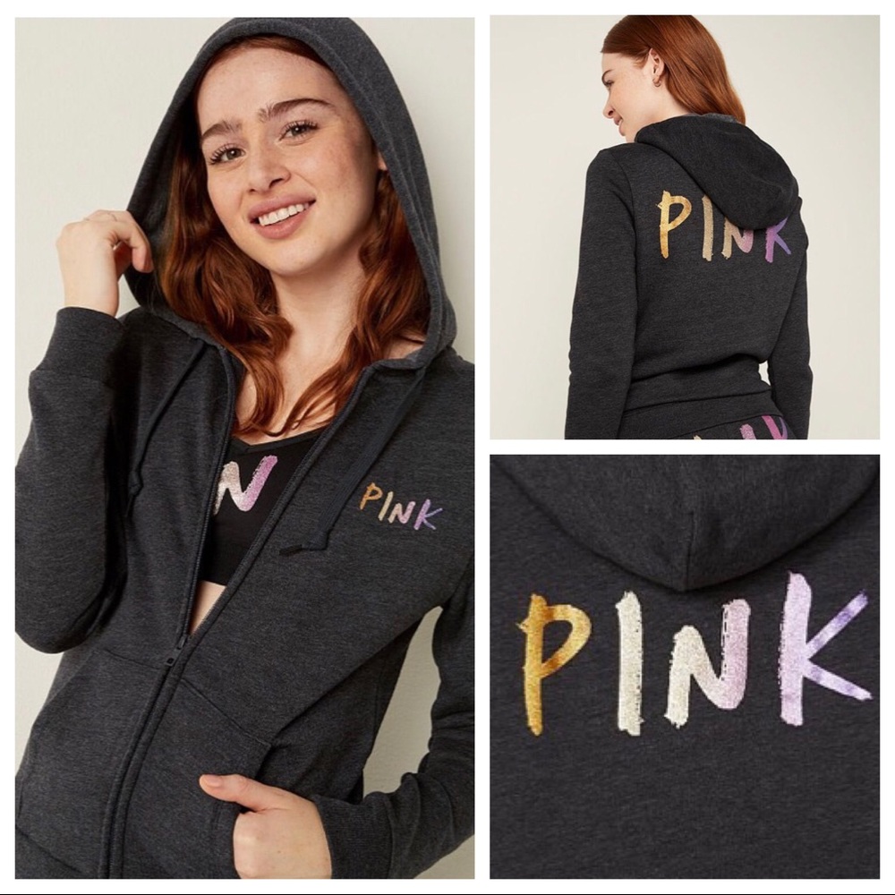 Vs Victorias Secret Pink Perfect Full Zip Hoodie Sweater Jacket Top Shine XS